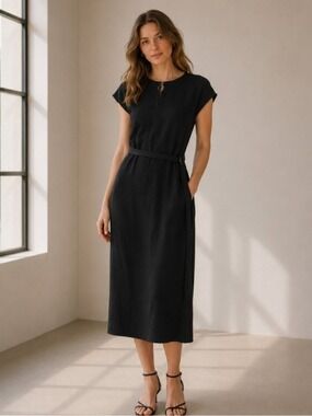Joseph Black Belted Midi Dress Cap Sleeve Pockets Medium 0725